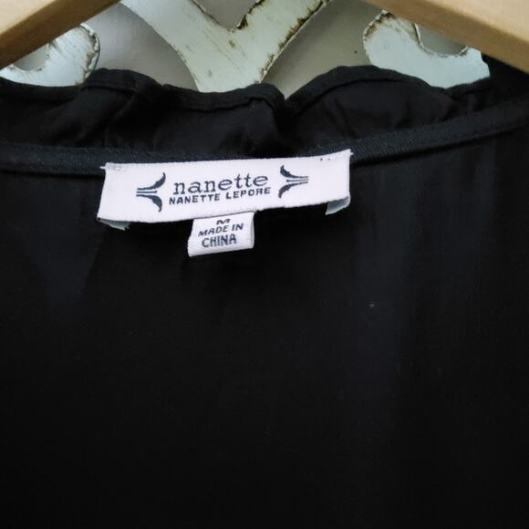 Nanette Lepore Women's Flutter Sleeve Ruffle Neck V-Neck Pullover Top in Black - Picture 7 of 8